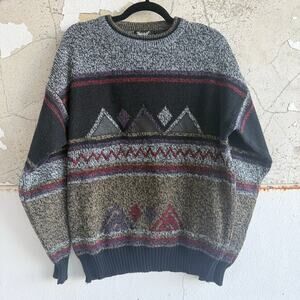 Vtg Grandpa Sweater Leather Patches 90s Geometric Knit Mens L Southwest Preppy